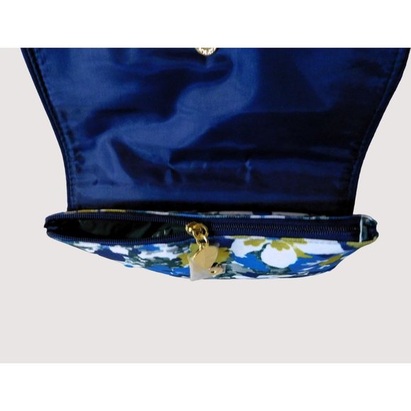 Estee Lauder Floral Print Large Cosmetic Bag Blue Green White Floral Zipper Snap - Picture 4 of 5